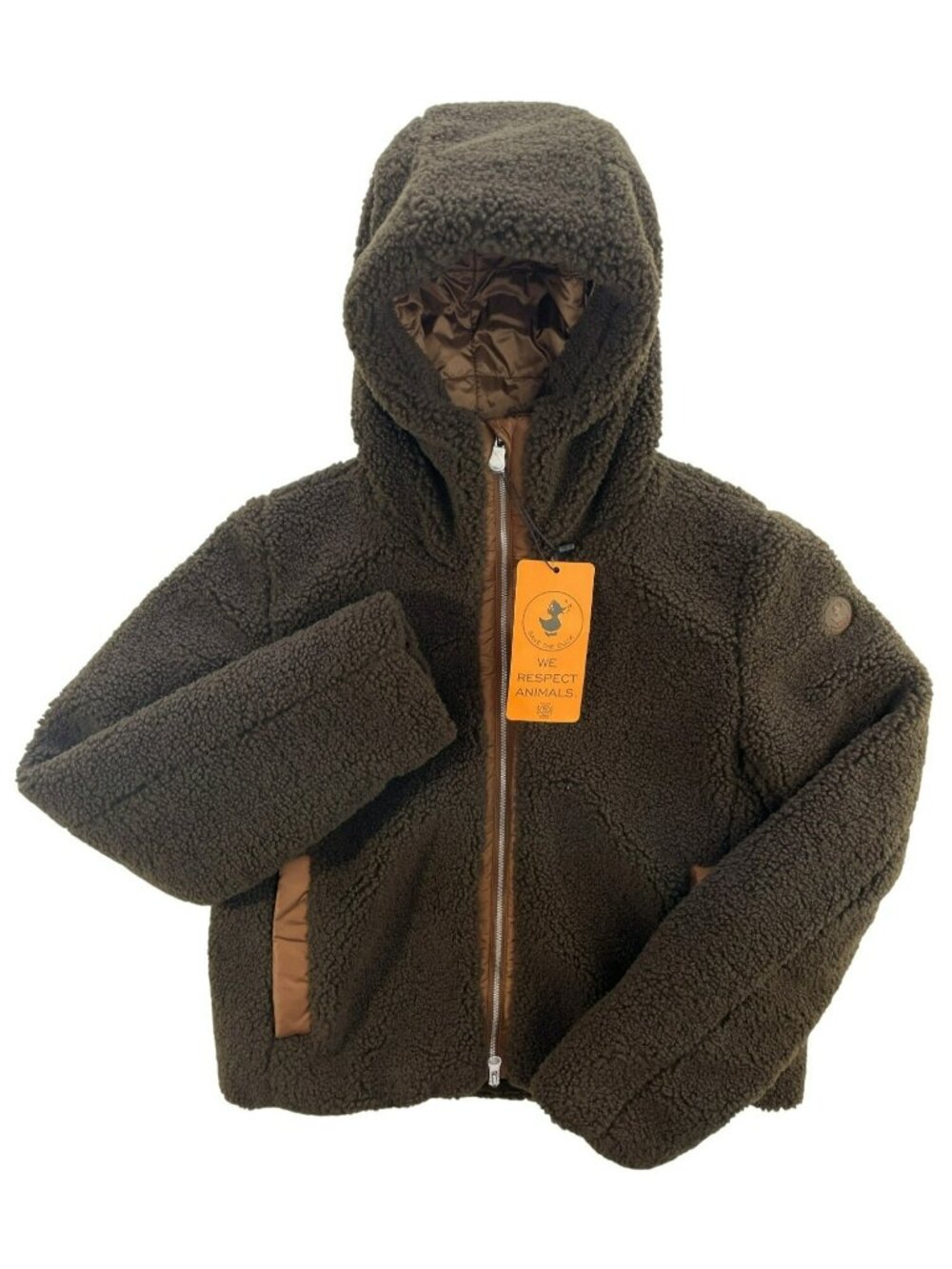 Save The Duck Faux Fur Brown Recycled Polyester Hooded Jacket S MSRP$428 NEW